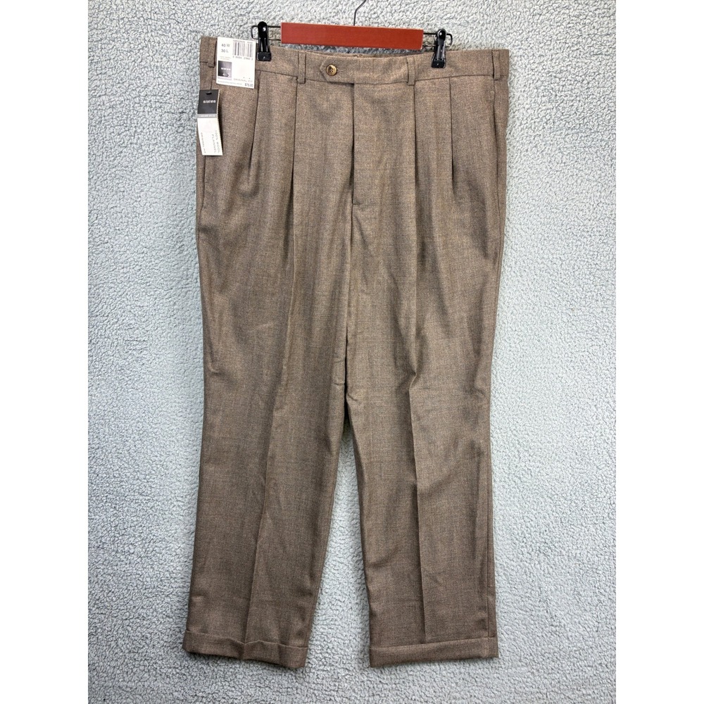 Slates Pleated Wool Flannel Dress Pants Mens 40x30 Brown Tailored Business NWT